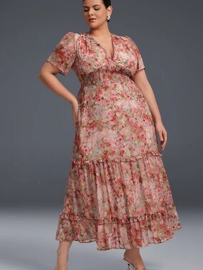 Smocked Waist Blue Floral Midi Dress